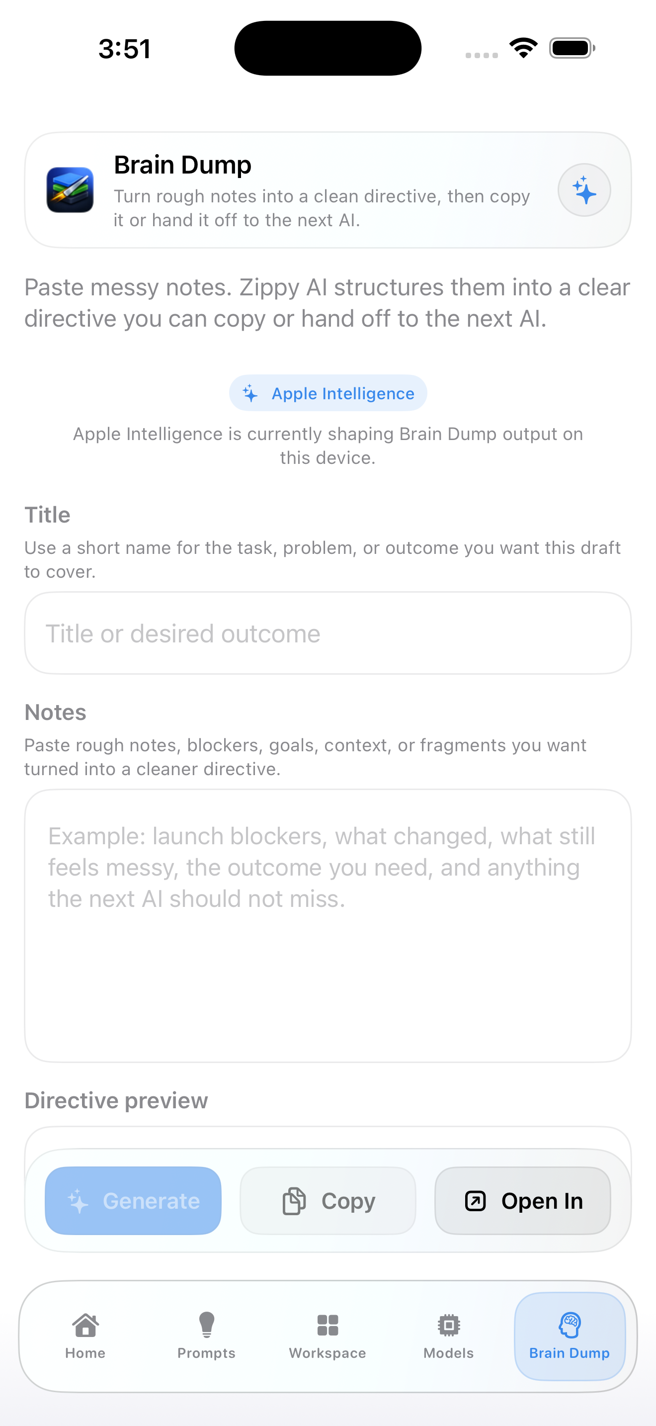 Brain Dump screen in Zippy AI