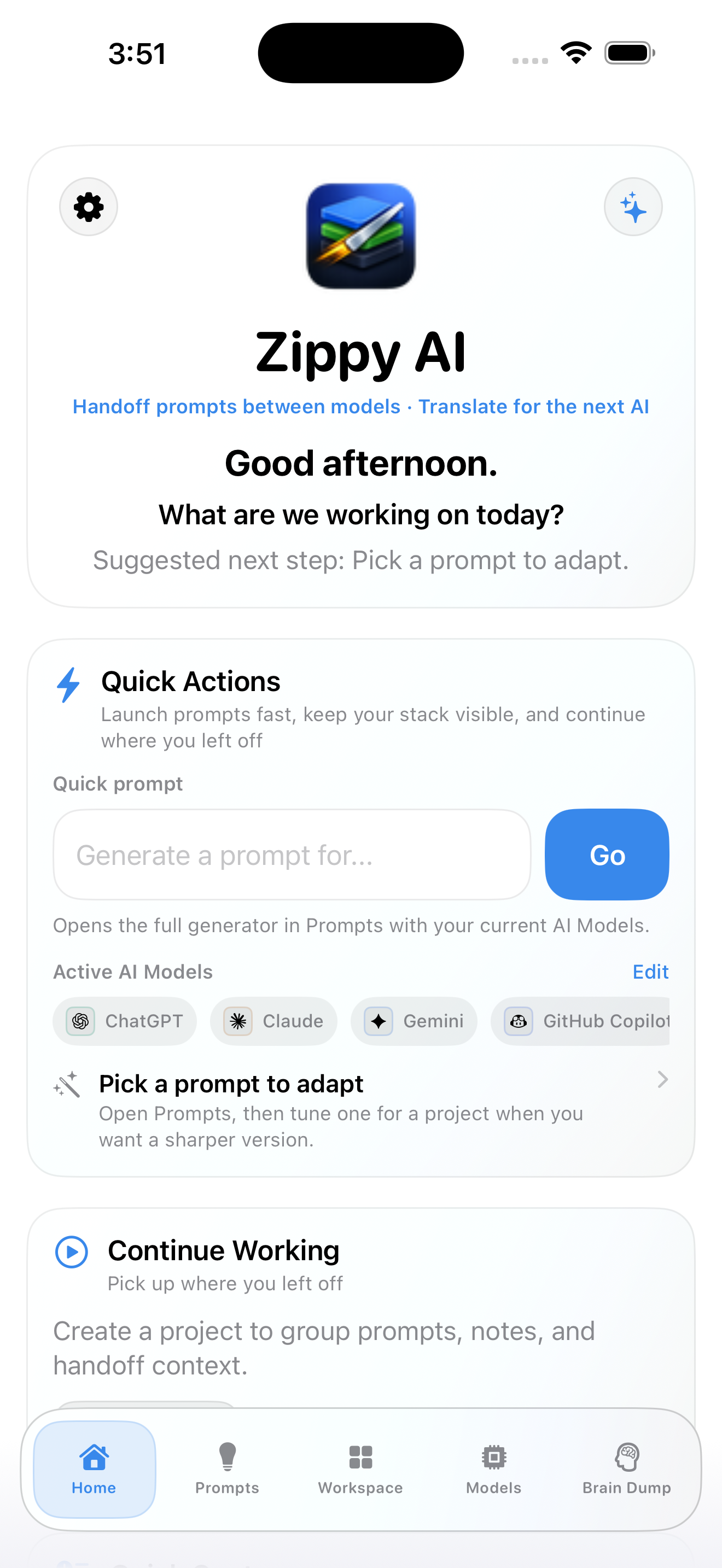 Zippy AI home screen with greeting and quick actions