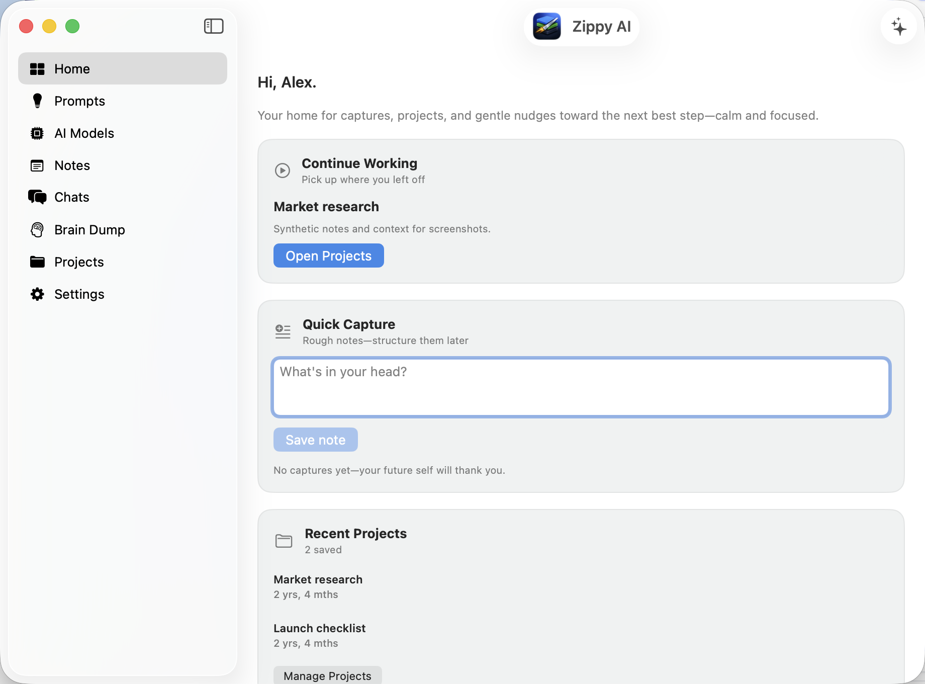 Zippy AI on Mac: home with quick actions, prompts, and workspace